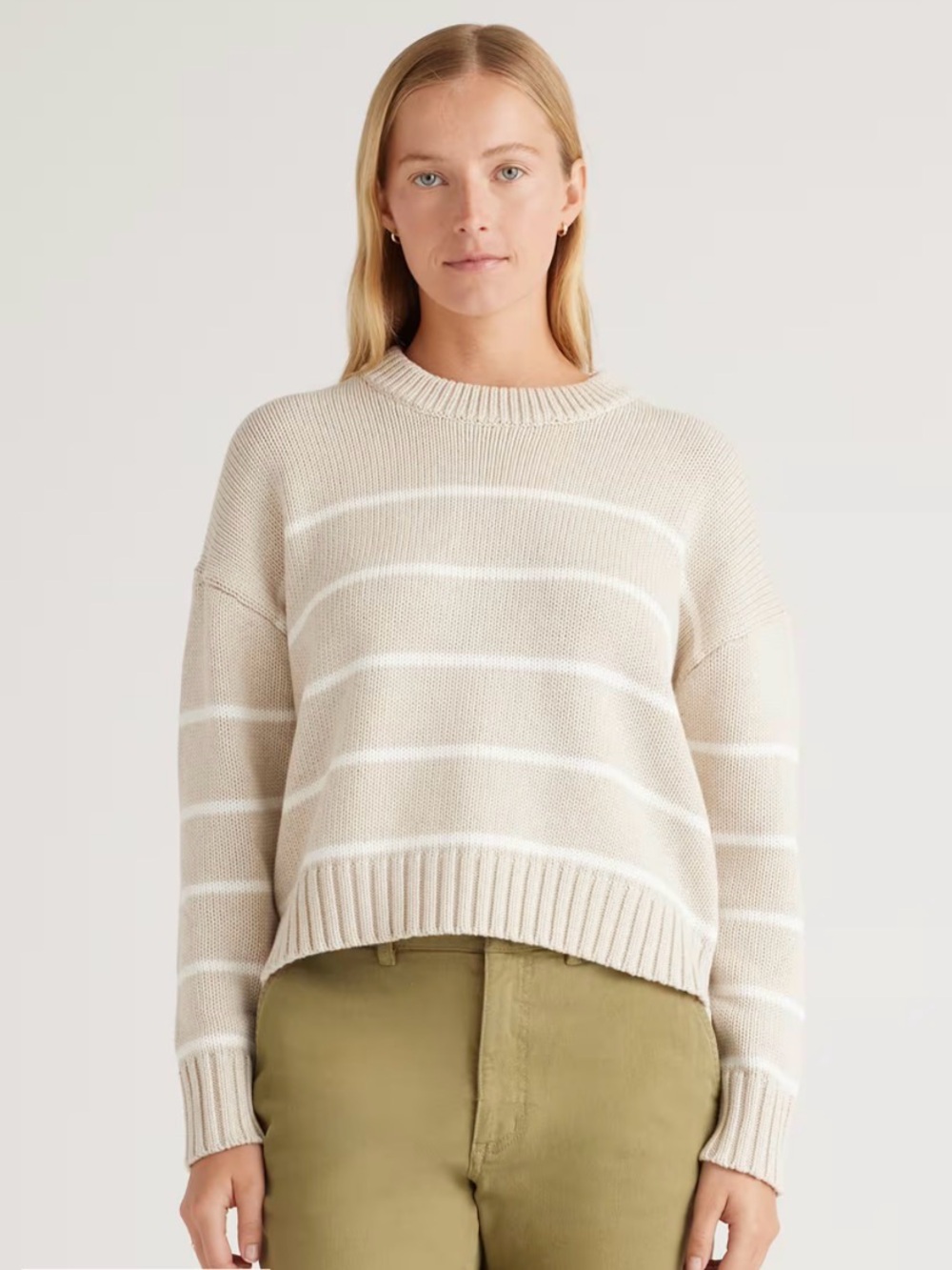 NWOT Quince Beige and White Striped Crewneck Sweater 100% Organic Cotton